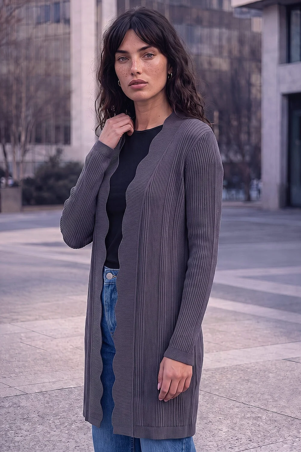 Roman Dark Grey Rib Knit Scallop Trim Cardigan - 12 Image 1