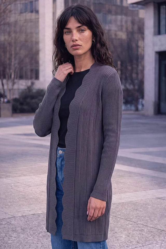 Roman Dark Grey Rib Knit Scallop Trim Cardigan