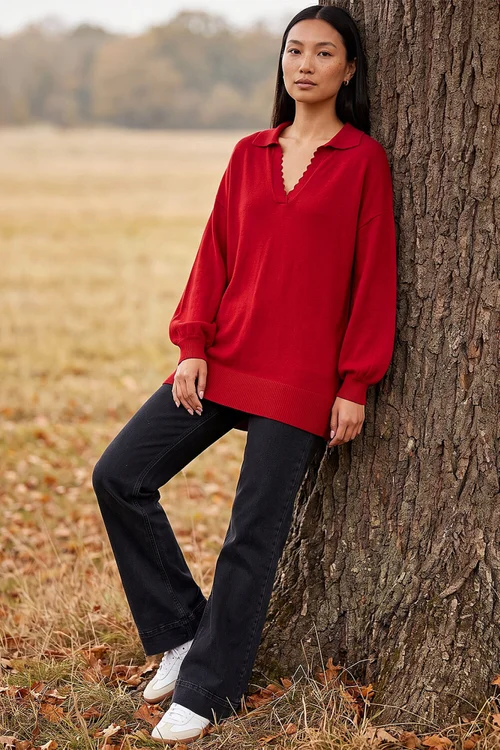 Roman Red Collared V-Neck Boyfriend Jumper - 10 Image 2