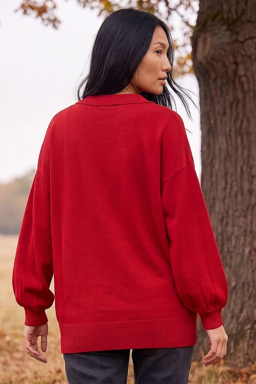 Roman Red Collared V-Neck Boyfriend Jumper - 10 Image 3