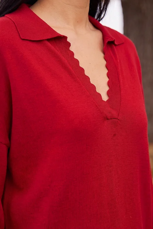 Roman Red Collared V-Neck Boyfriend Jumper - 10 Image 4