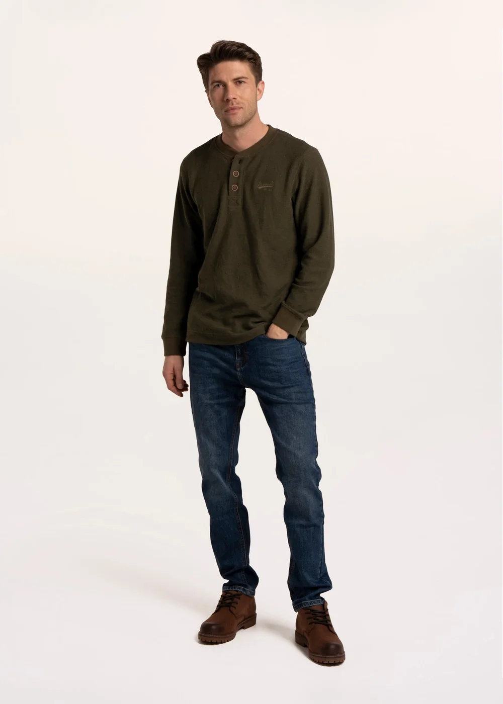 Brakeburn Green Arran Waffle Textured Henley - L Image 1