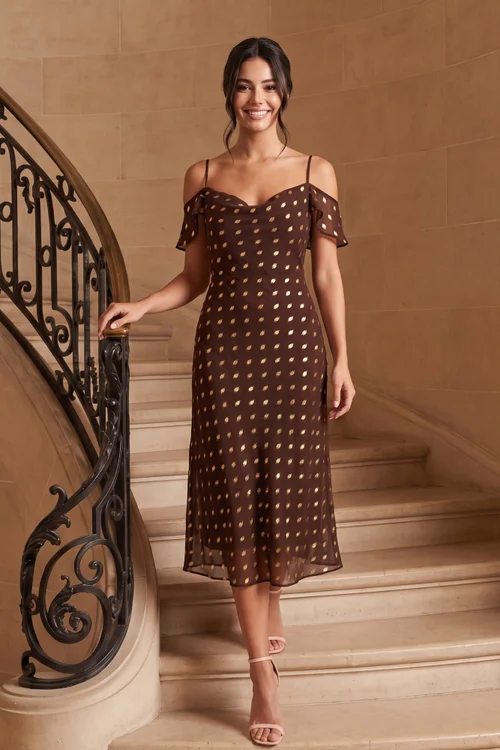 Style Cheat Chocolate Midi Short Sleeve Spot Pattern Brylee Dress - 10 Image 2