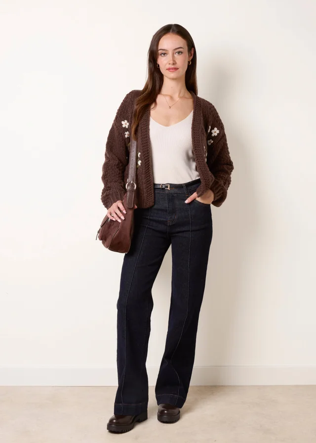 Blue Vanilla Brown Flower Embroidery Cardigan