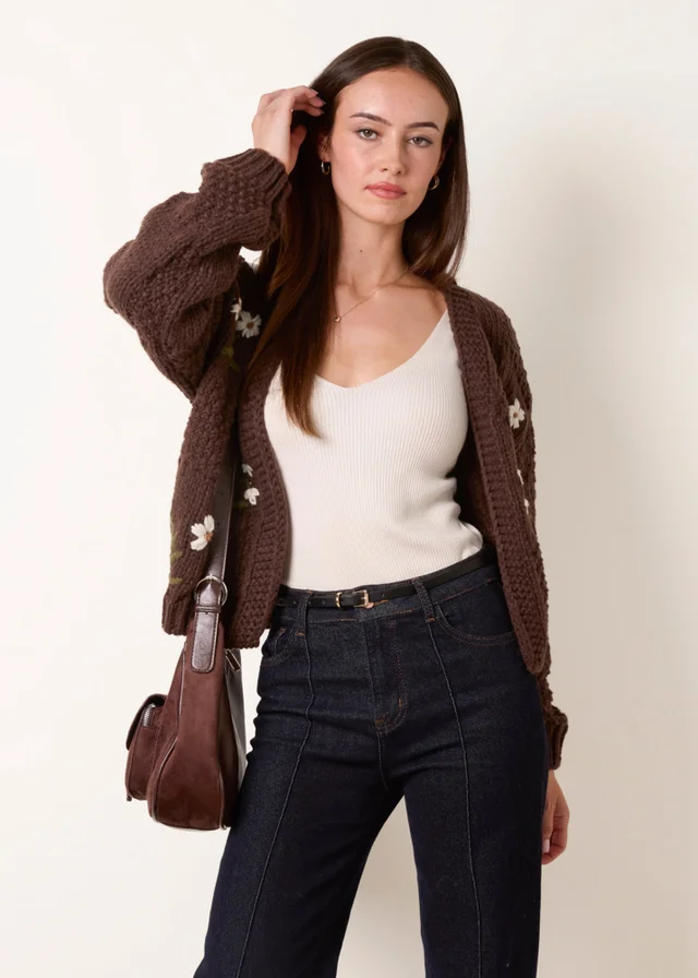 Blue Vanilla Brown Flower Embroidery Cardigan