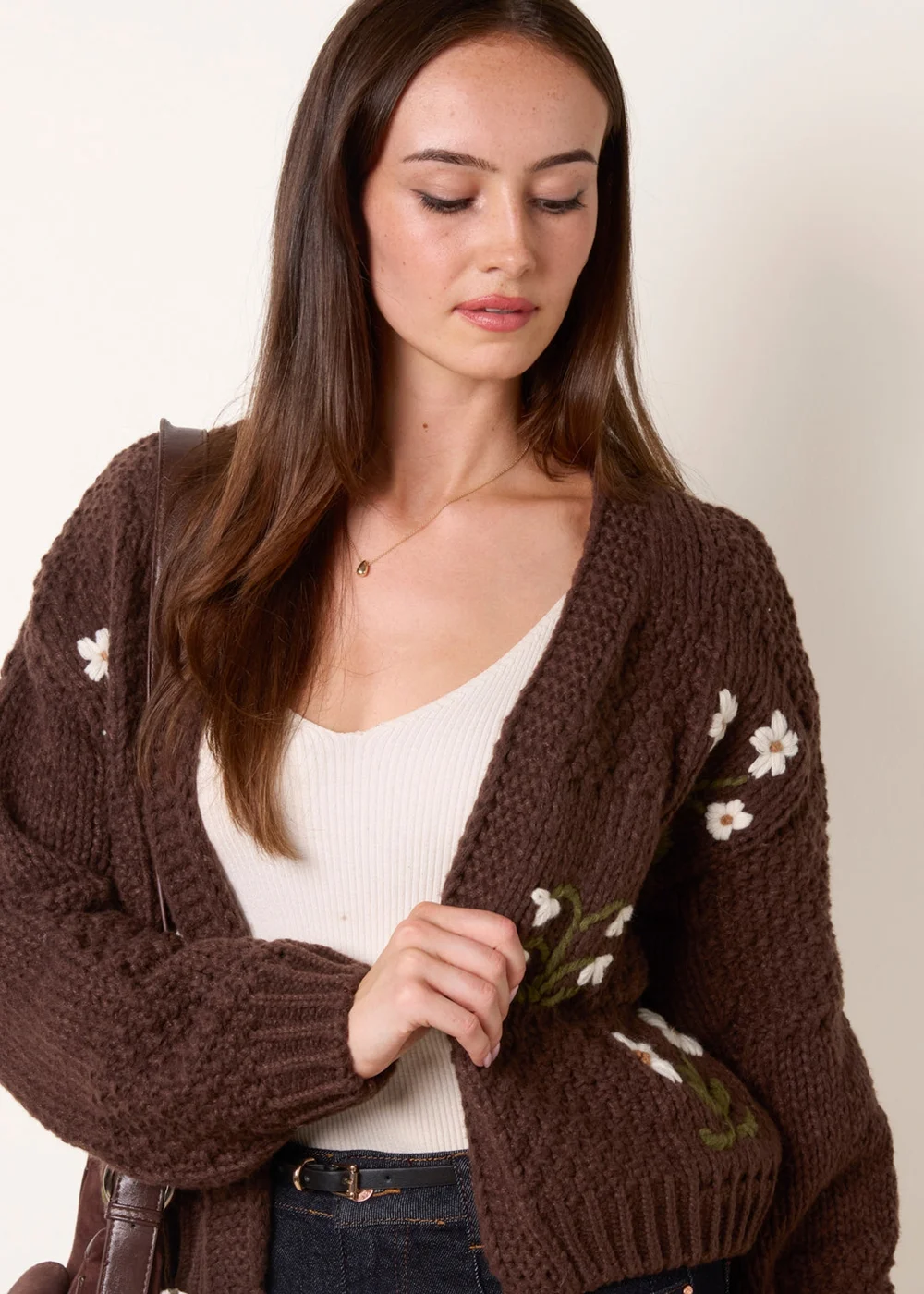Blue Vanilla Brown Flower Embroidery Cardigan - S/M Image 3