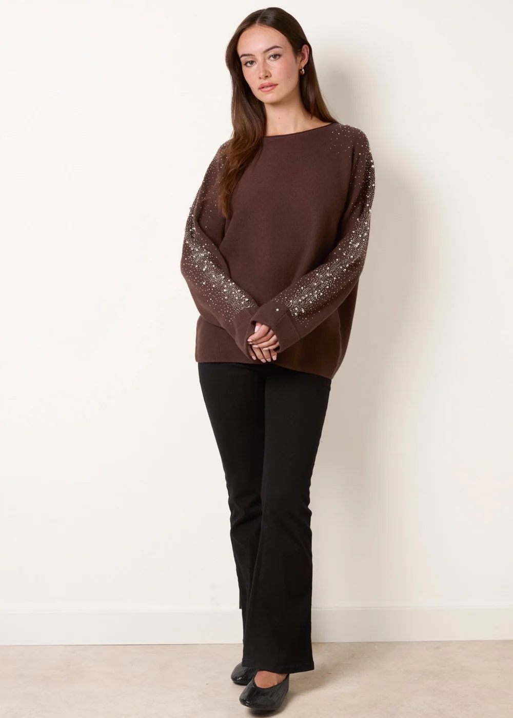 Blue Vanilla Brown Diamante Sleeve Round Neck Knit Jumper - S/M Image 3
