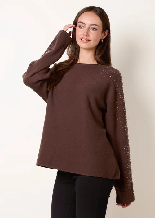 Blue Vanilla Brown Diamante Sleeve Round Neck Knit Jumper - S/M Image 1
