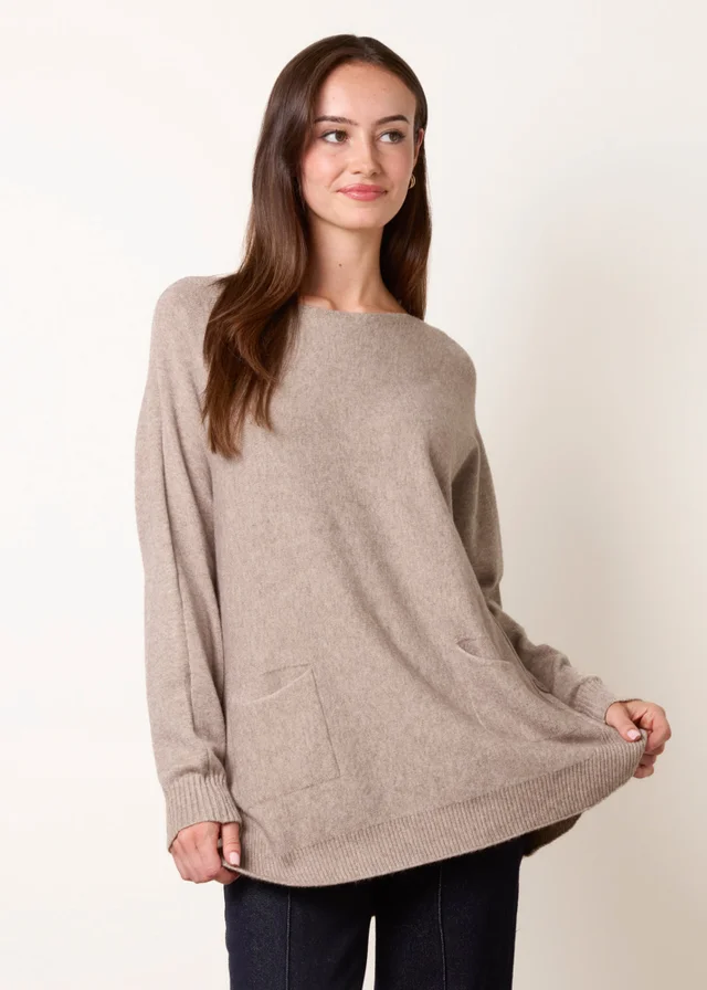 Blue Vanilla Brown Pocket Slash Neck Jumper