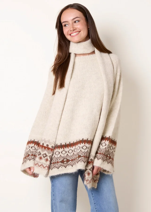 Blue Vanilla Beige Scarf Fair Isle Knit Jumper