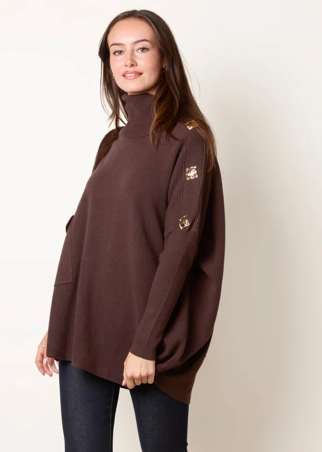 Blue Vanilla Brown Square Hammered Button Cowl Neck Jumper