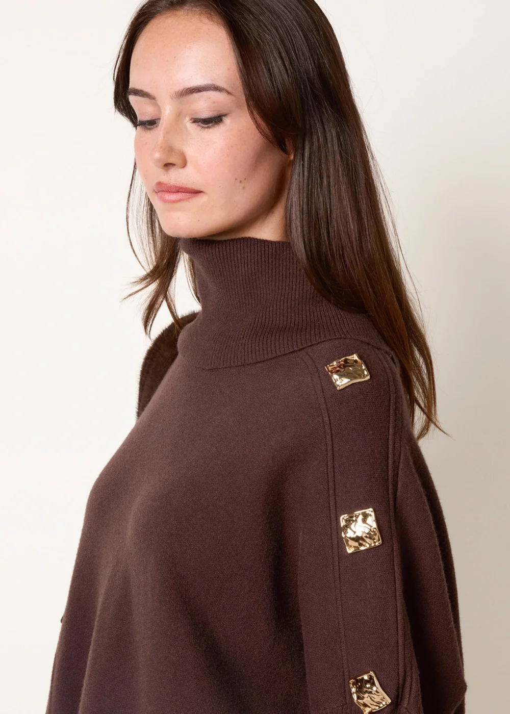 Blue Vanilla Brown Square Hammered Button Cowl Neck Jumper - One Size Image 3