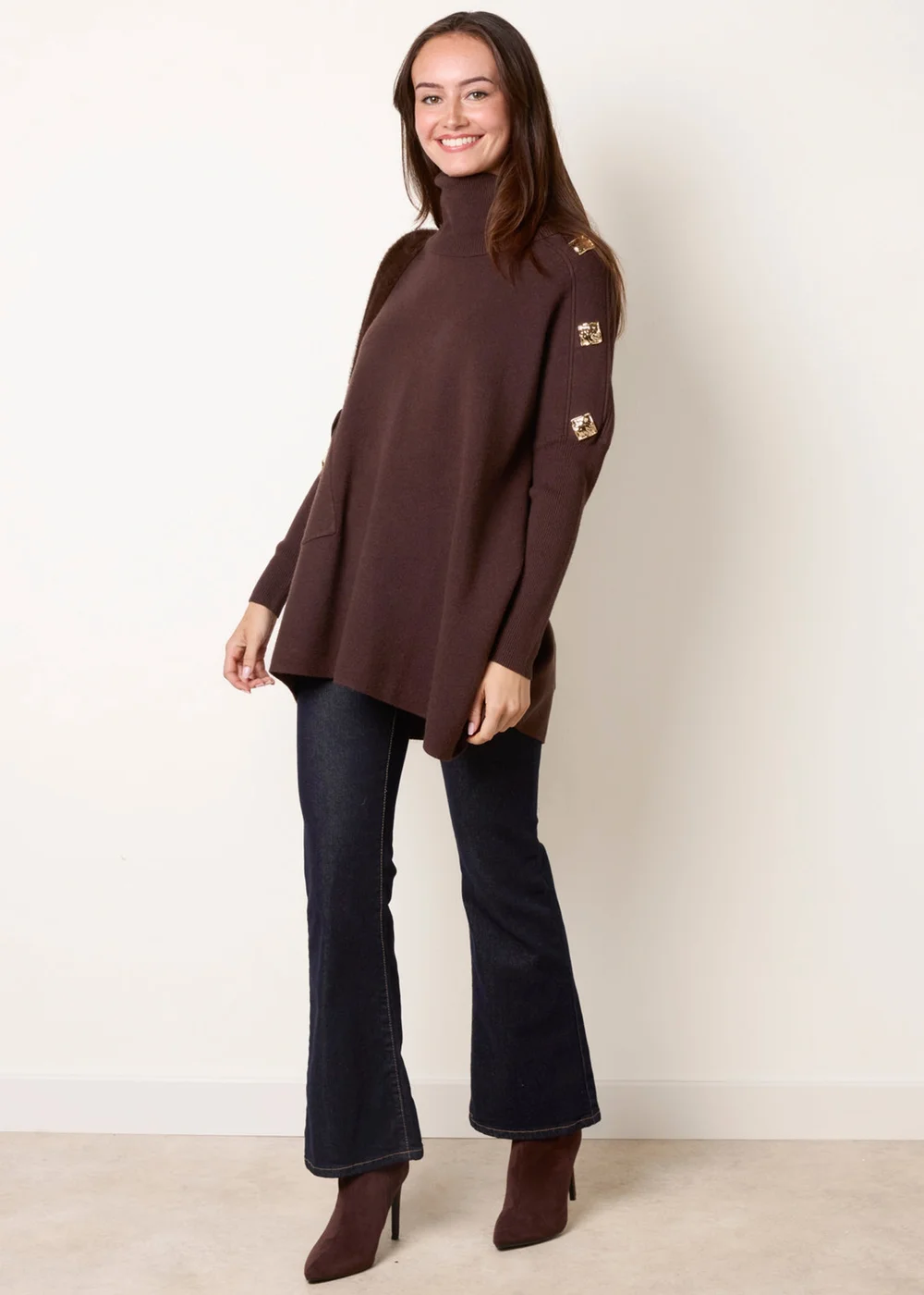 Blue Vanilla Brown Square Hammered Button Cowl Neck Jumper - One Size Image 1