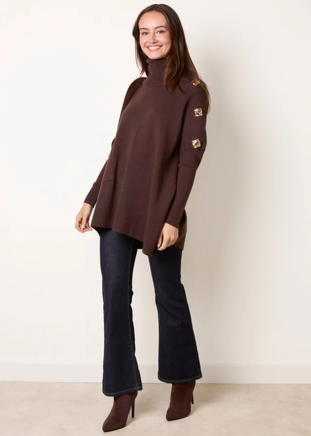 Blue Vanilla Brown Square Hammered Button Cowl Neck Jumper