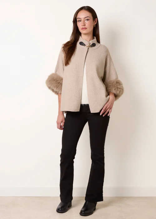 Blue Vanilla Beige Faux Fur Cuff Funnel Neck Poncho - S/M Image 2
