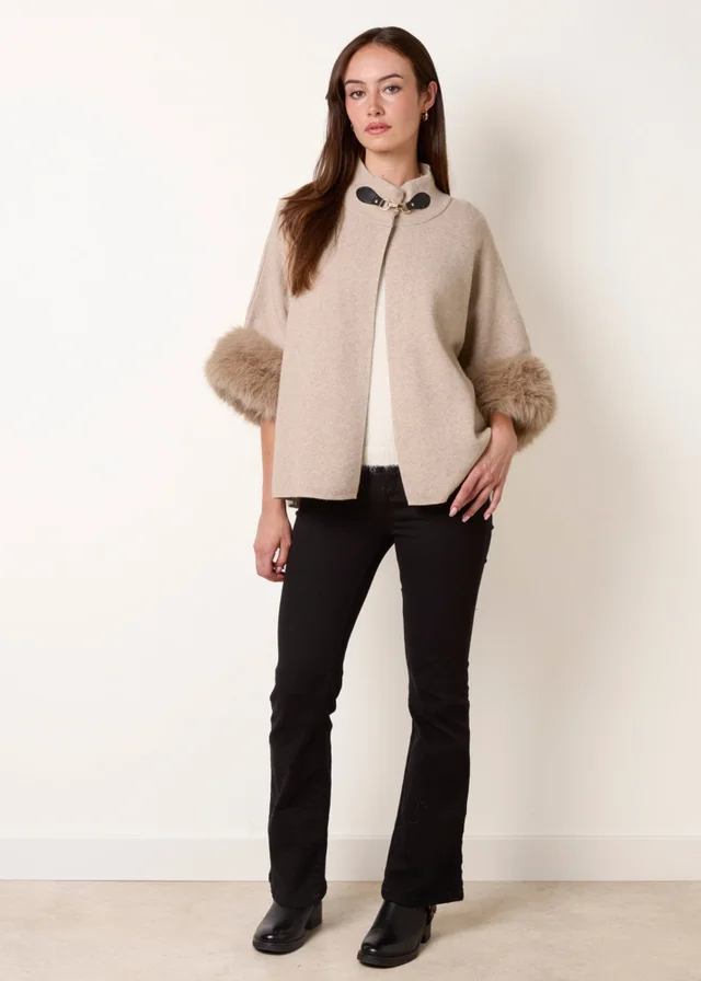 Blue Vanilla Beige Faux Fur Cuff Funnel Neck Poncho
