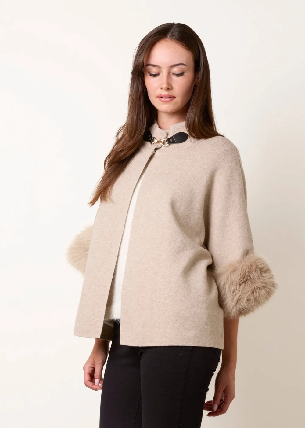 Blue Vanilla Beige Faux Fur Cuff Funnel Neck Poncho - S/M Image 3