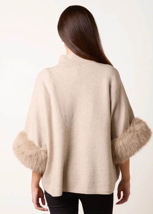 Blue Vanilla Beige Faux Fur Cuff Funnel Neck Poncho - S/M Image 4