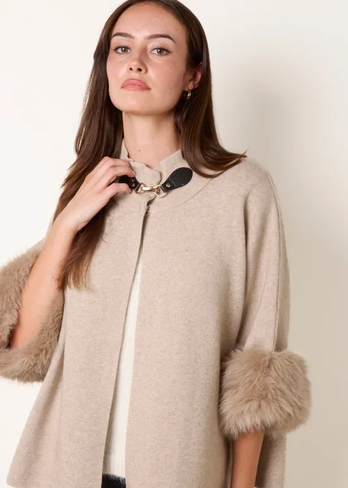 Blue Vanilla Beige Faux Fur Cuff Funnel Neck Poncho - S/M Image 1