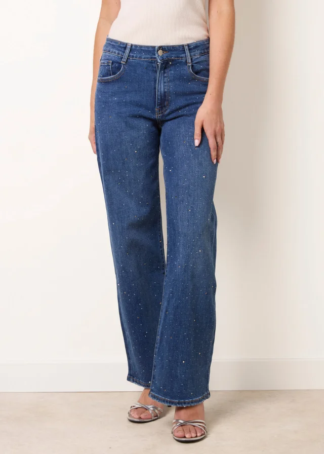 Blue Vanilla Blue Diamante Stud Wide Leg Jeans