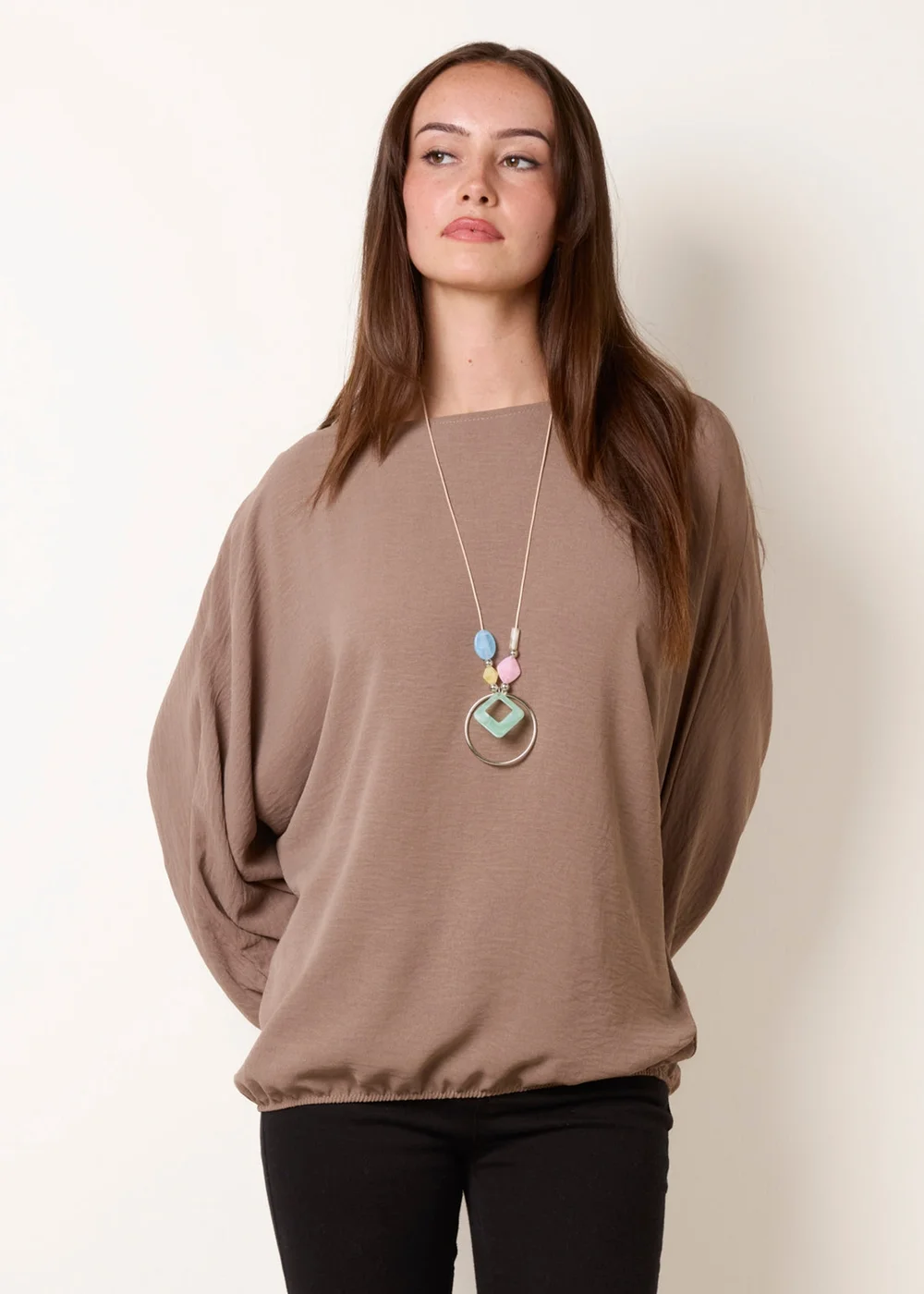 Blue Vanilla Beige Elasticated Batwing Necklace Jersey Top - One Size Image 1