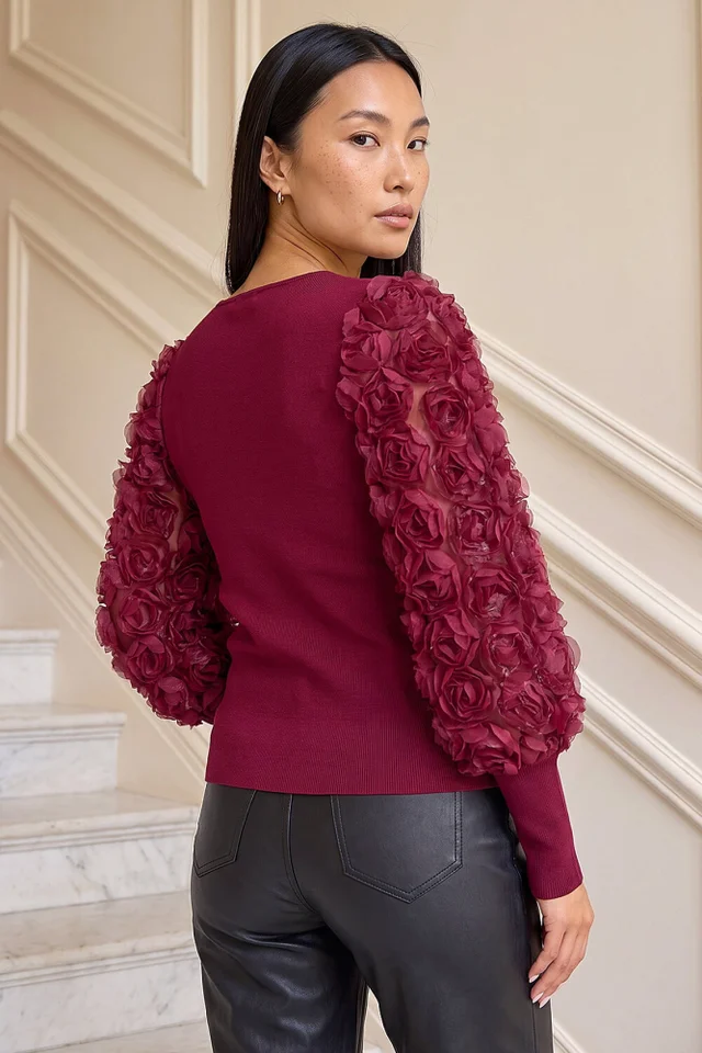 Roman Burgundy Lace Sleeve V-Neck Knit Top