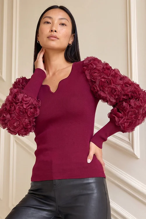 Roman Burgundy Lace Sleeve V-Neck Knit Top - 12 Image 1