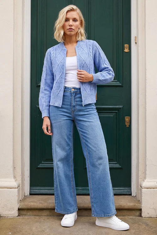 Roman Blue Petite Cable Knit Zip Up Cardigan - 16 Image 3