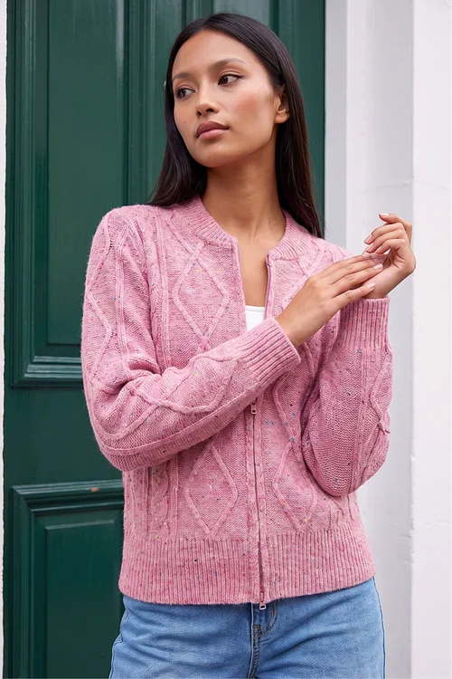 Roman Pink Petite Cable Knit Zip Up Cardigan - 8 Image 1