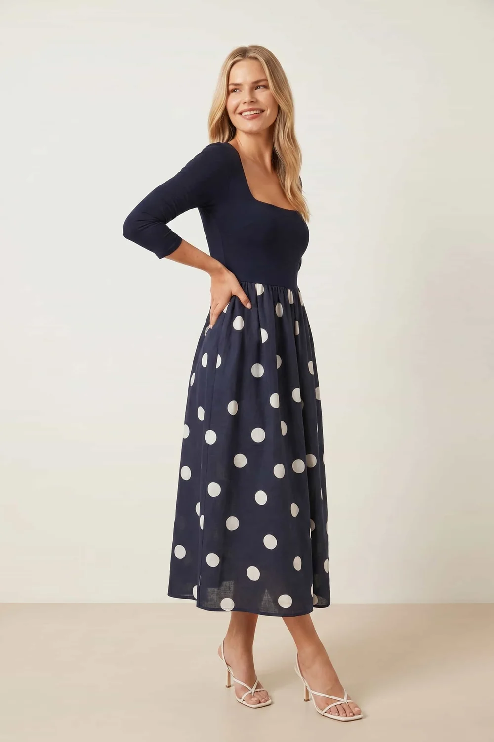Style Cheat Sadie Navy & Cream Polka Dot 3/4 Sleeve Midi Dress - 10 Image 2