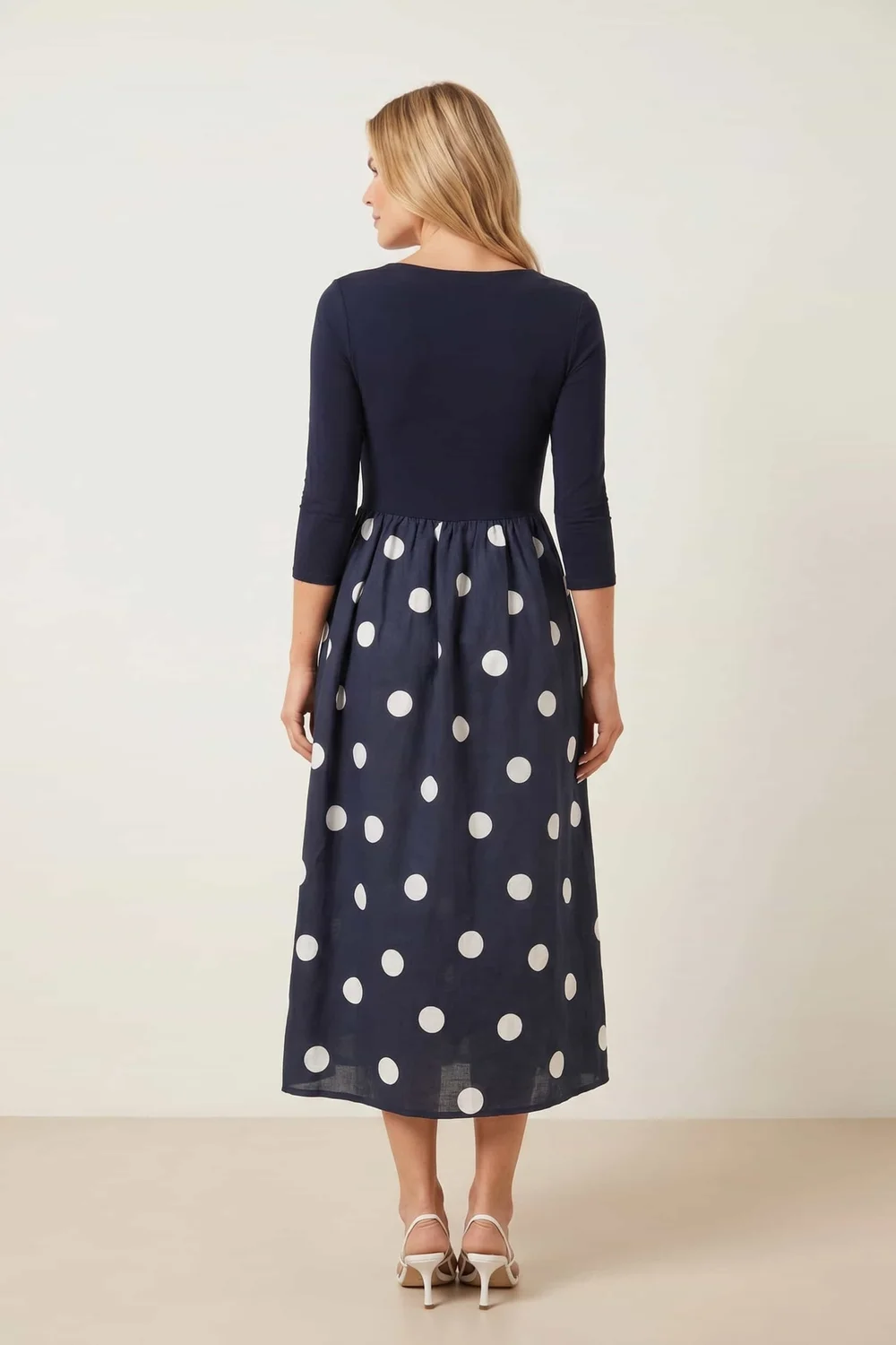 Style Cheat Sadie Navy & Cream Polka Dot 3/4 Sleeve Midi Dress - 10 Image 3