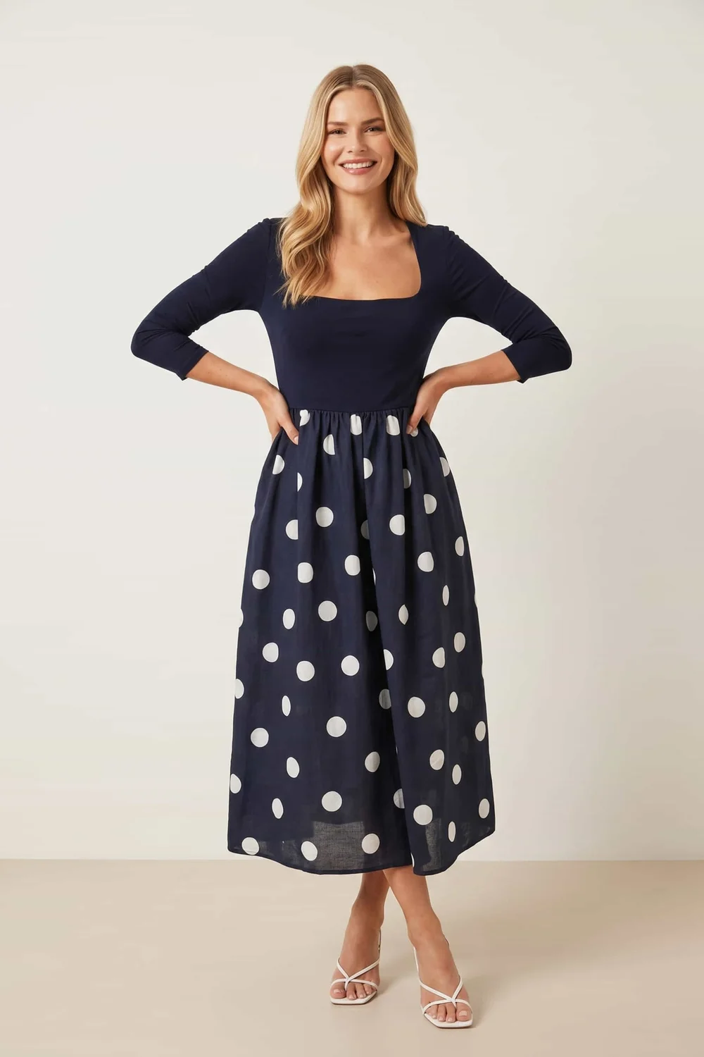 Style Cheat Sadie Navy & Cream Polka Dot 3/4 Sleeve Midi Dress - 10 Image 1