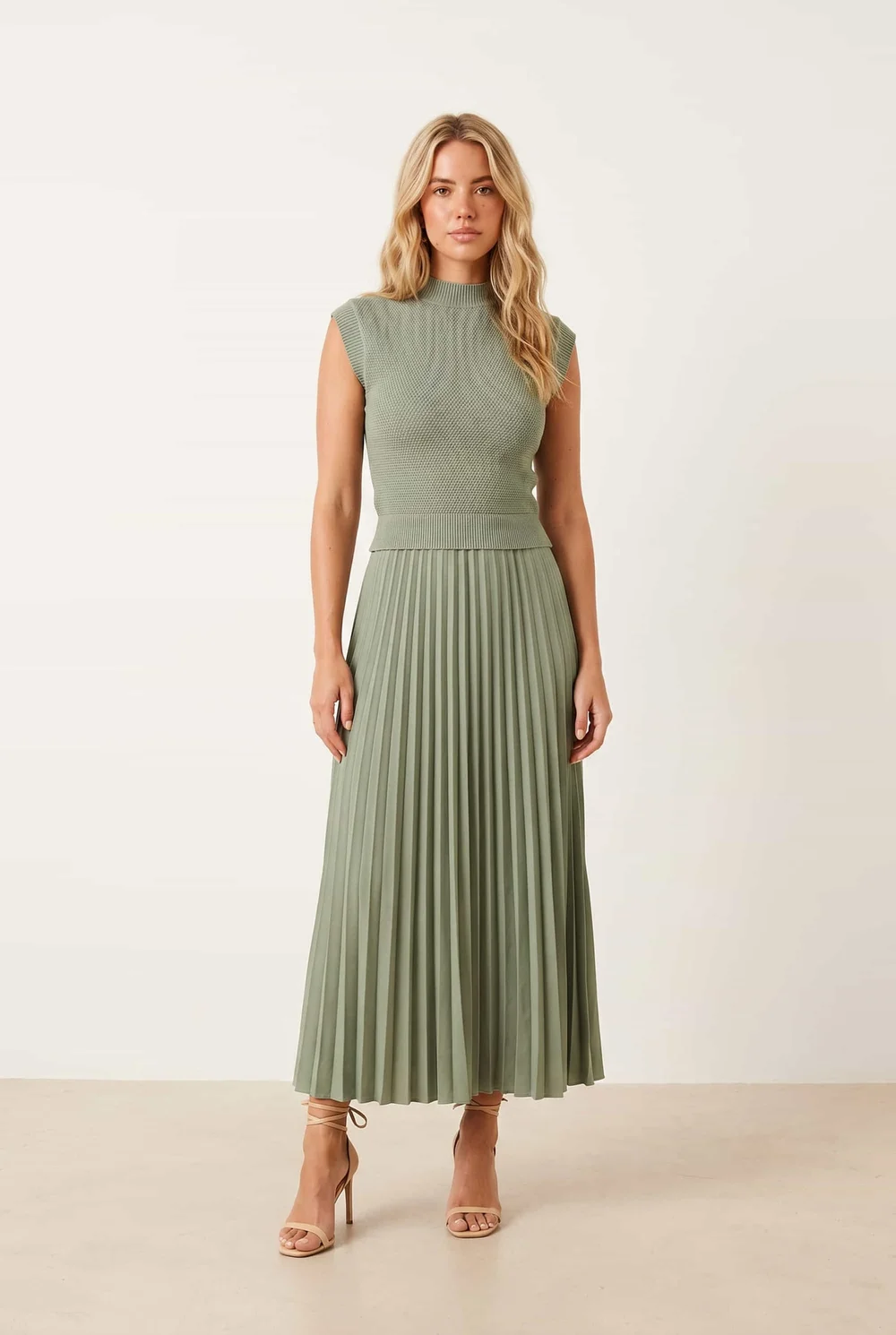 Style Cheat Sage Knit Pleated Skirt Dress - 8 Image 1