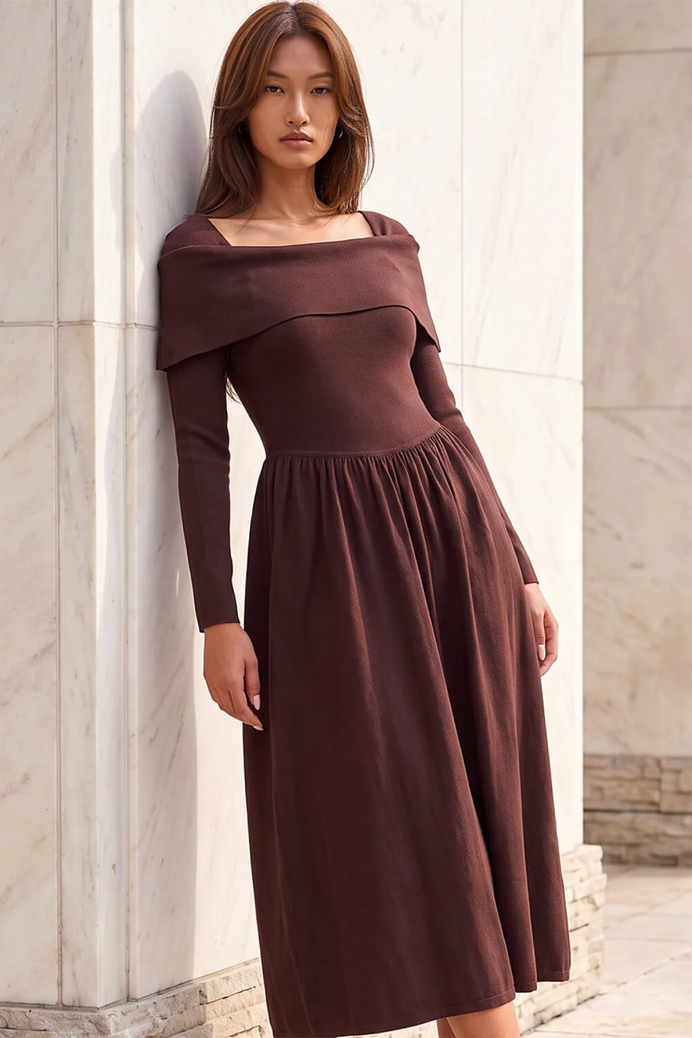 Roman Chocolate Bardot Long Sleeve Dress - 16 Image 1