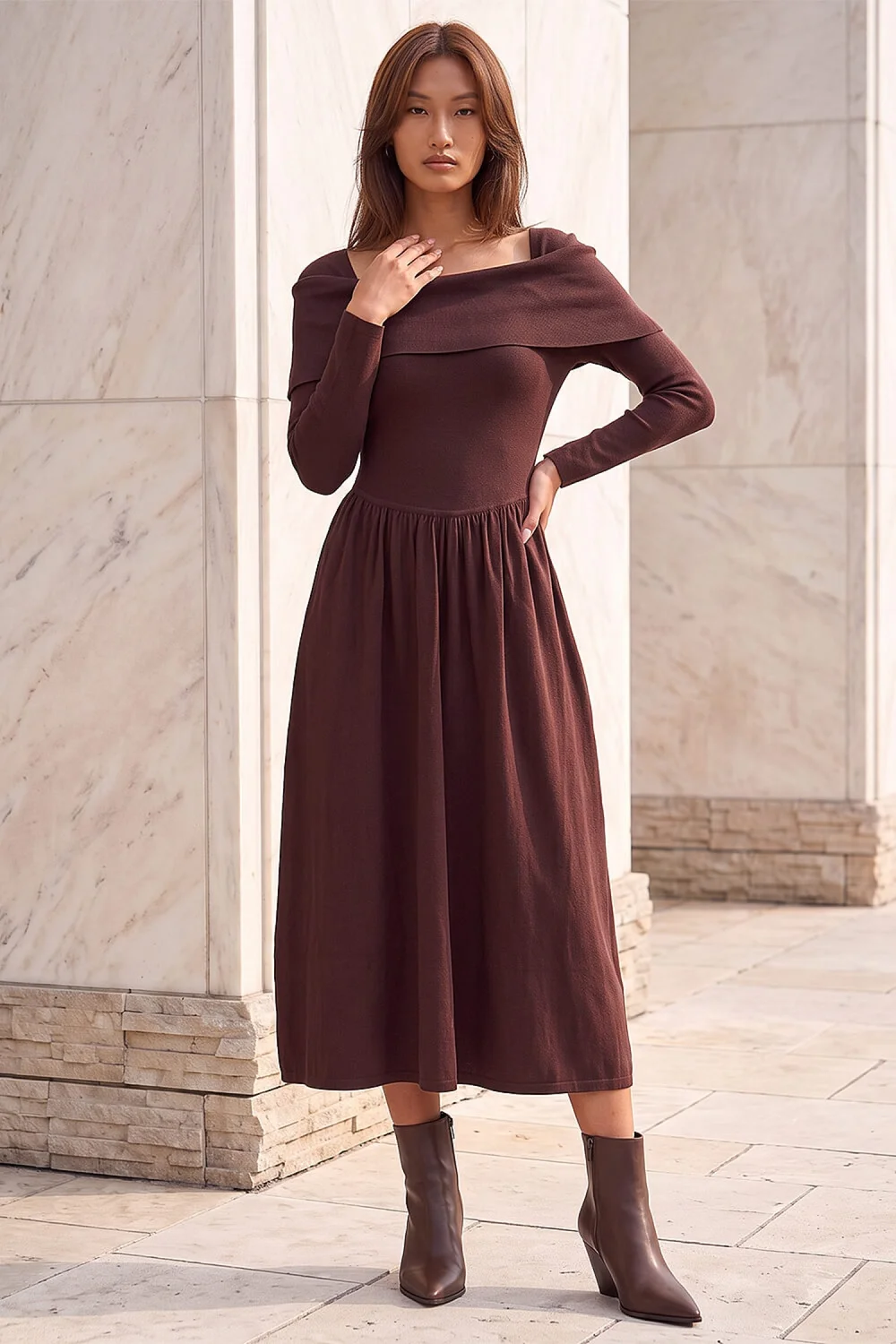 Roman Chocolate Bardot Long Sleeve Dress - 16 Image 2