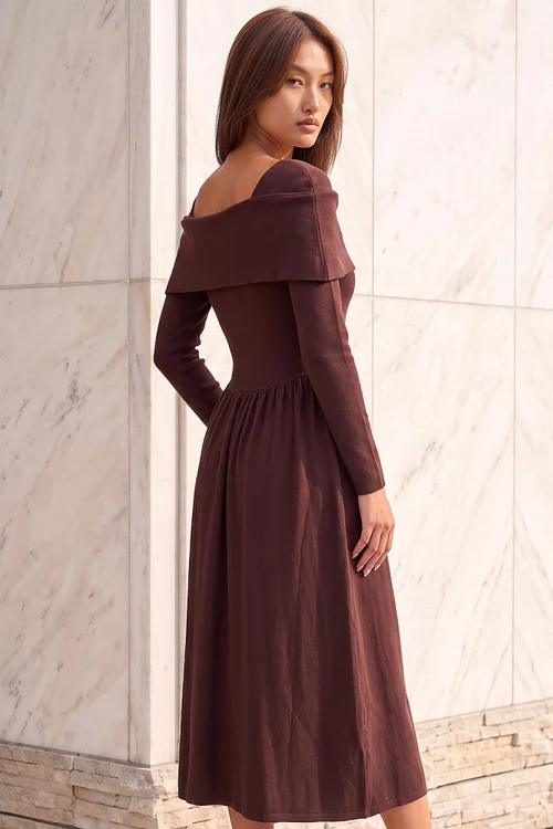 Roman Chocolate Bardot Long Sleeve Dress - 16 Image 3
