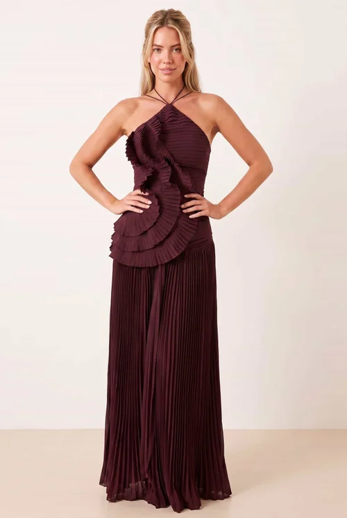 Style Cheat Pleated Halter Tie Maxi Dress in Mulberry - 10 Image 1