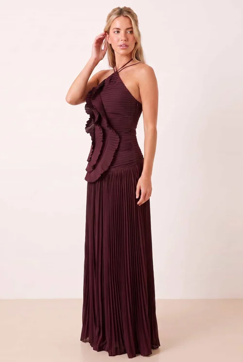 Style Cheat Pleated Halter Tie Maxi Dress in Mulberry - 10 Image 3