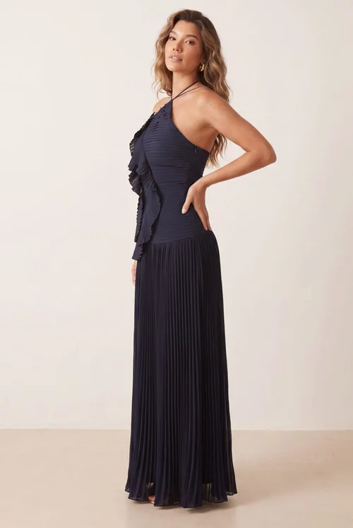 Style Cheat Navy Pleated Halter Tie Maxi Dress - 6 Image 3