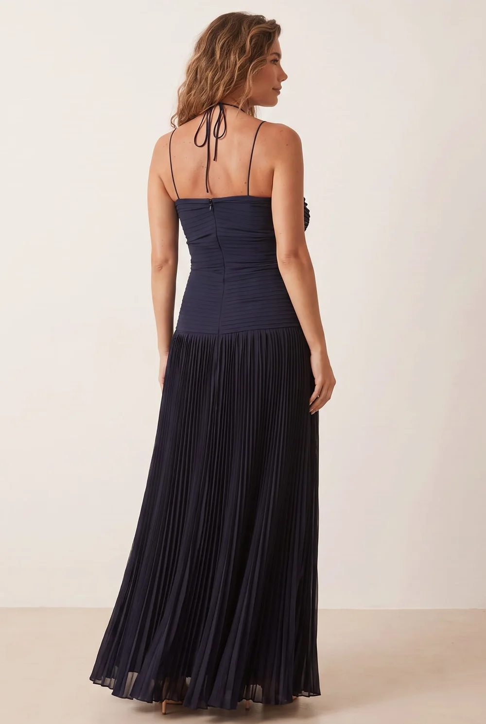 Style Cheat Navy Pleated Halter Tie Maxi Dress - 6 Image 4