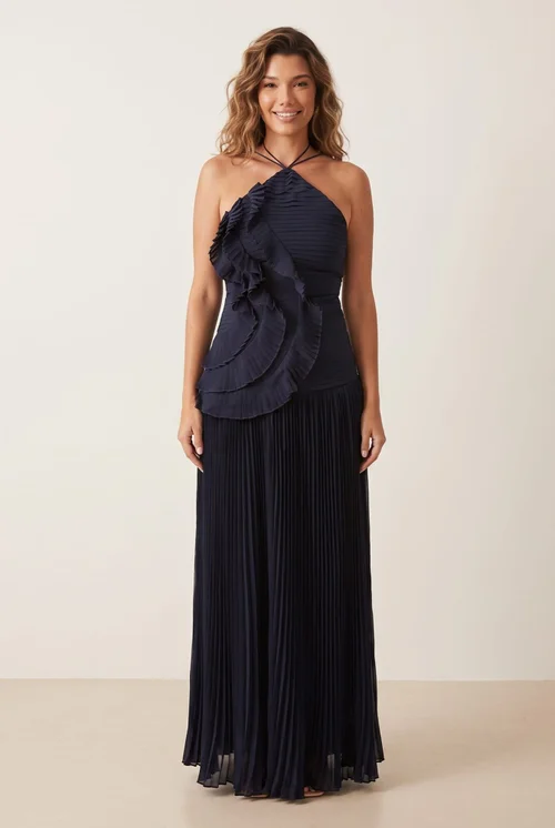 Style Cheat Navy Pleated Halter Tie Maxi Dress - 6 Image 1