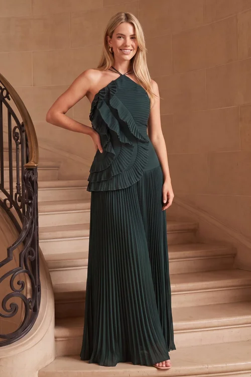 Style Cheat Emerald Green Pleated Halter Tie Maxi Dress - 10 Image 1