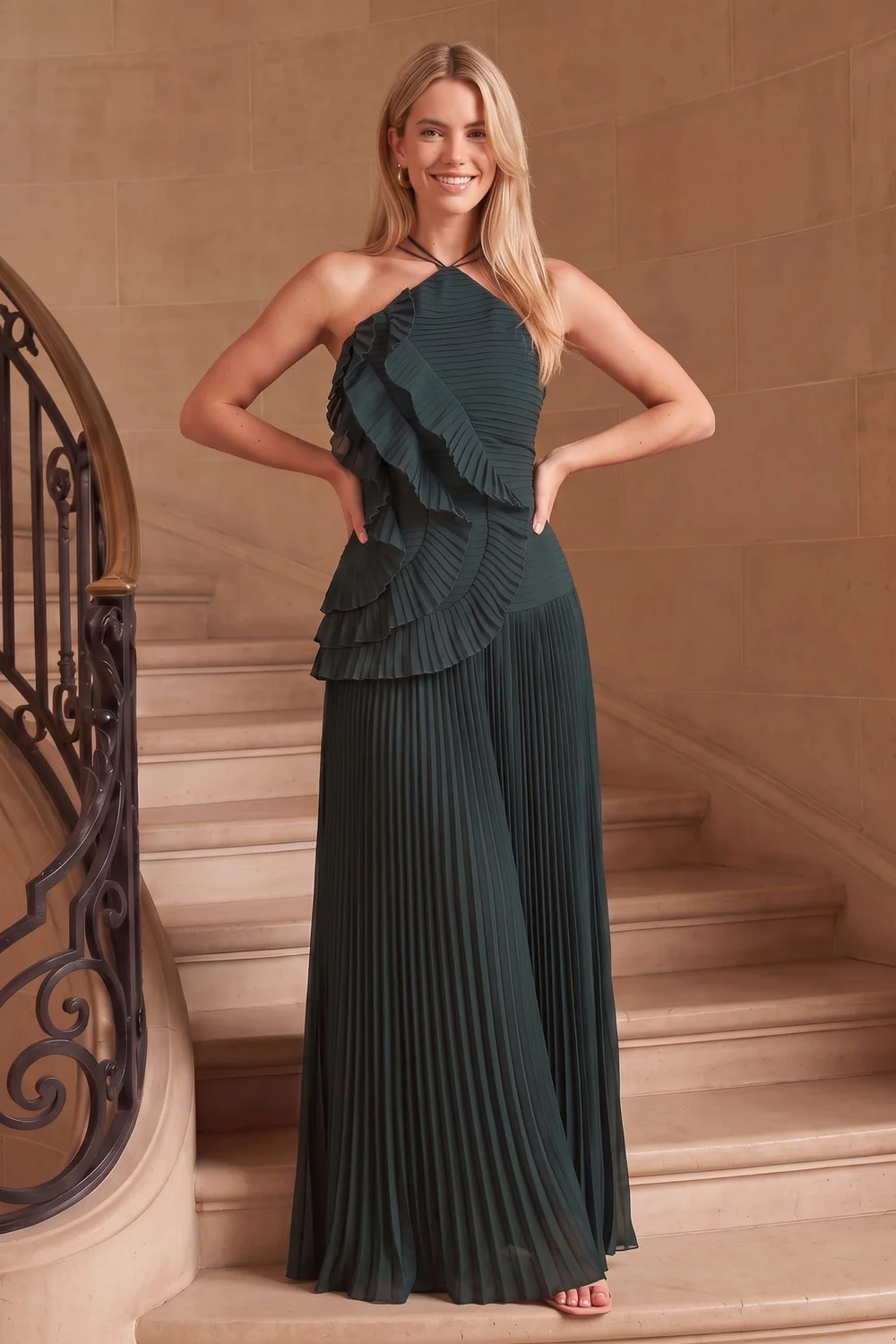 Style Cheat Emerald Green Pleated Halter Tie Maxi Dress - 10 Image 2