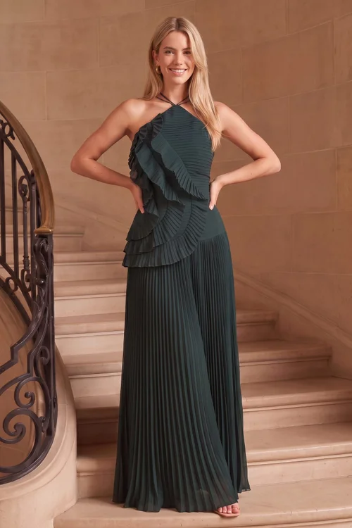 Style Cheat Emerald Green Pleated Halter Tie Maxi Dress - 10 Image 2