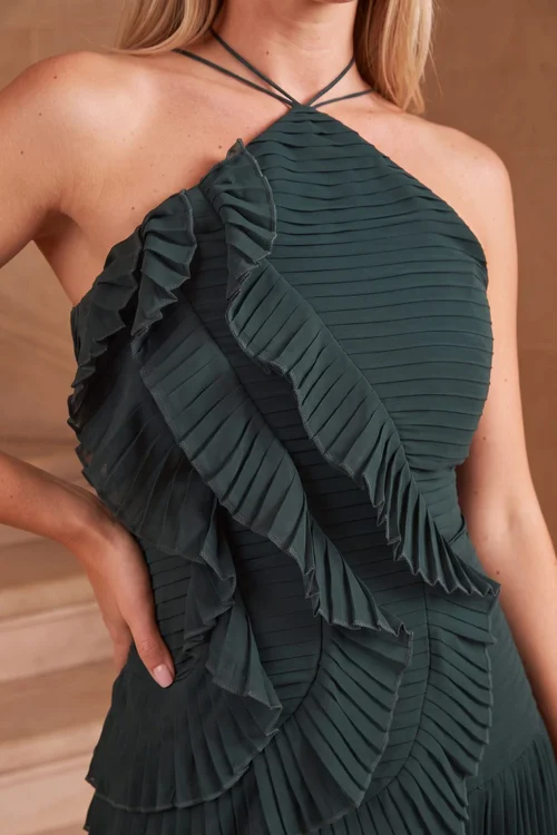 Style Cheat Emerald Green Pleated Halter Tie Maxi Dress - 10 Image 3