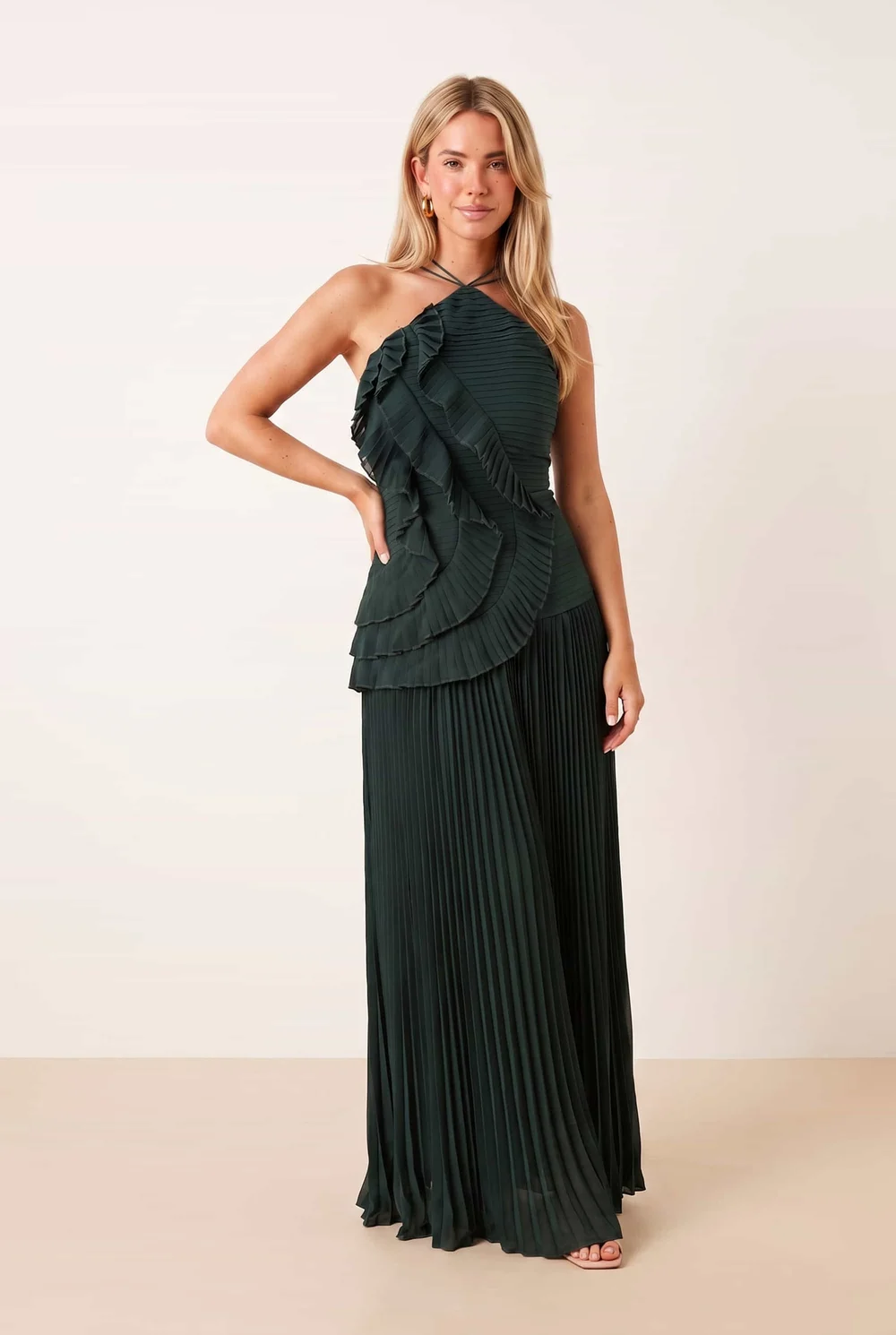 Style Cheat Emerald Green Pleated Halter Tie Maxi Dress - 10 Image 6
