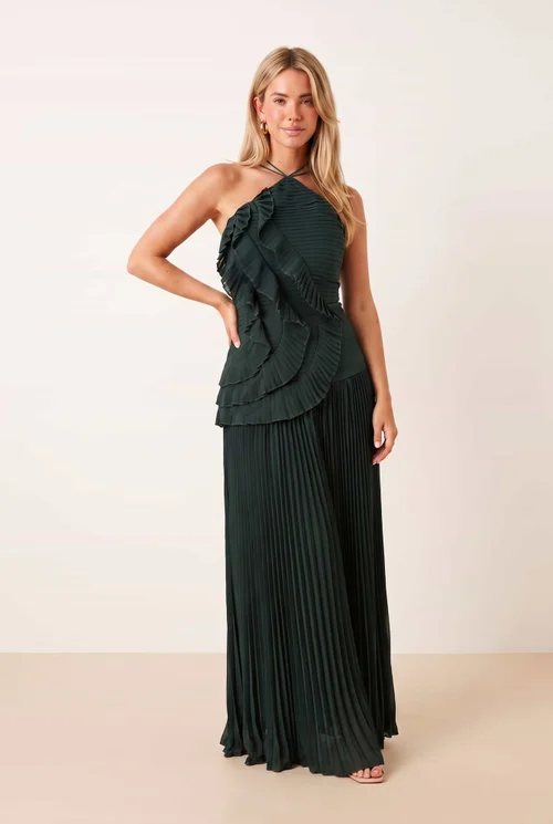 Style Cheat Emerald Green Pleated Halter Tie Maxi Dress - 10 Image 6