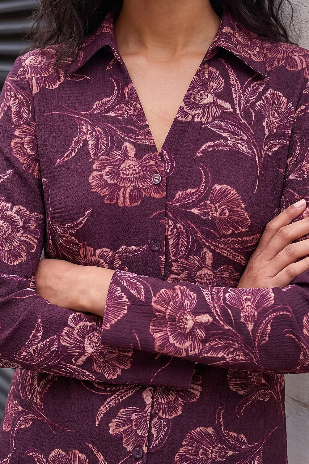 Roman Maroon Floral Print Textured Shirt - 12 Image 4