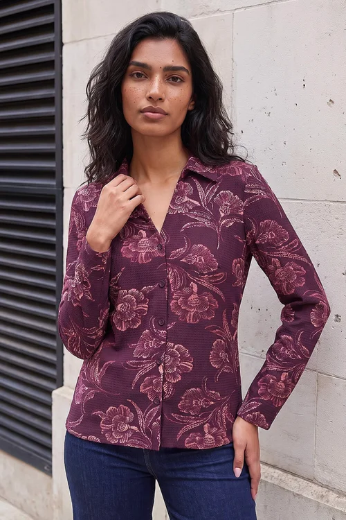 Roman Maroon Floral Print Textured Shirt - 12 Image 2