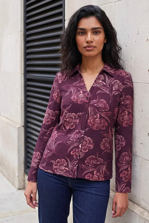 Roman Maroon Floral Print Textured Shirt - 12 Image 1